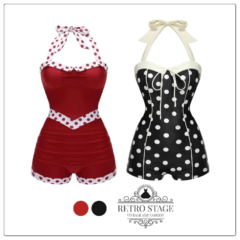 Red 1940s Halter Patchwork One-piece Swimsuit Solid Color Swimsuit