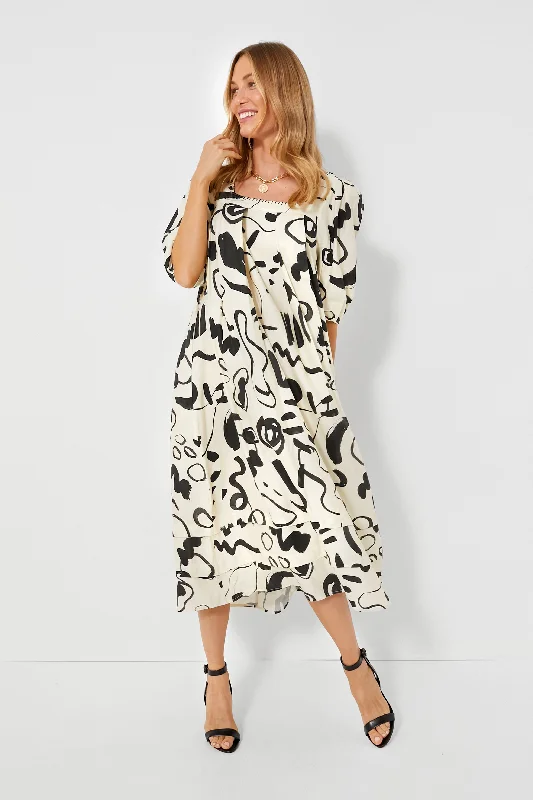 Black and White Ink Line Waverly Dress Casual Short Summer