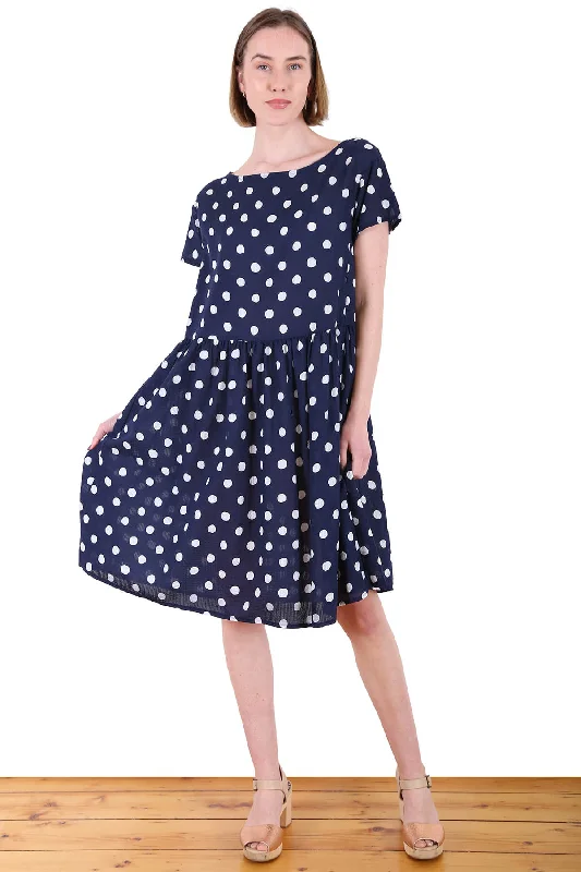 Cyan Spot Drop Waist Dress Navy in Seersucker Tunics Chic elegant