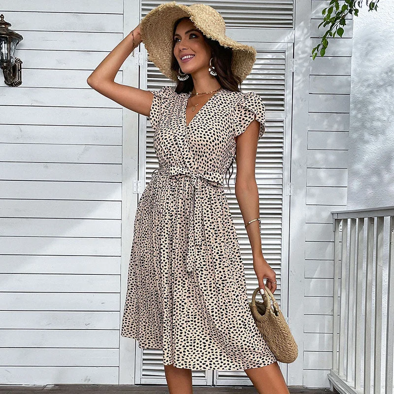 IKEARLAX Europe Station Cross-border Hot Trade   Summer Beach Dress  V-neck Leopard Print Large Size Dress Tunics Evening elegant