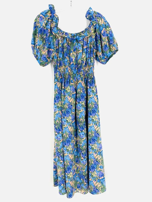 NIWIY Size S ? Peach/Blue Smocked Floral Vintage Dress Tunics Formal black