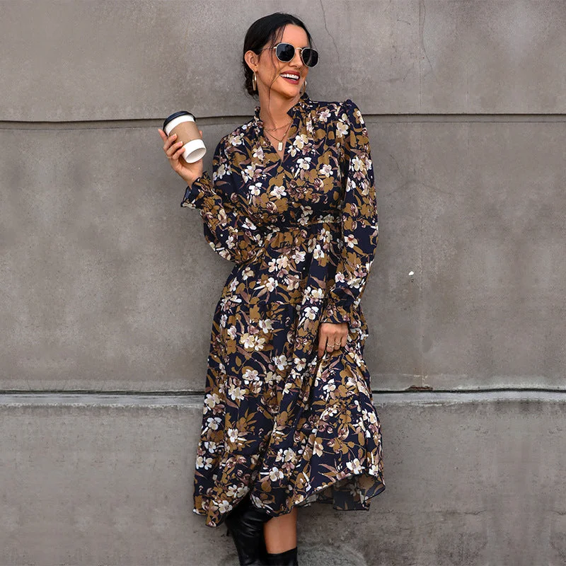 IKEARLAX 2025 cross-border New autumn floral temperament commuter dress retro printed women's dress V-neck fashion dress Boatneck Modish Everyday