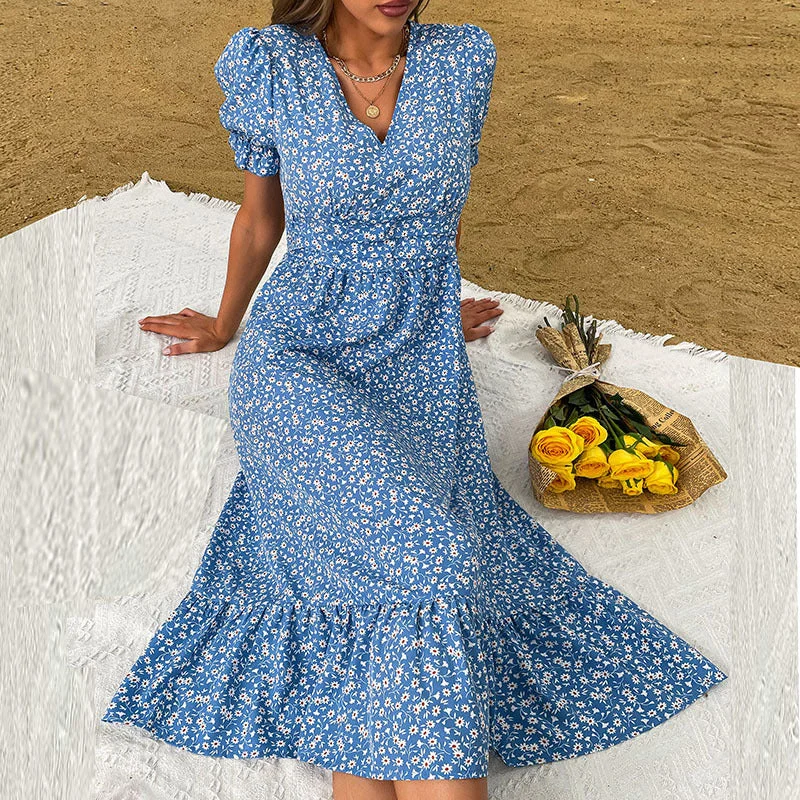 IKEARLAX cross-border trade product summer medium and long waist skirt bubble sleeve V-neck floral dress Tunics Satin smooth IKEARLAX cross-border trade product summer medium and long waist skirt bubble sleeve V-neck floral dress Tunics Satin smooth