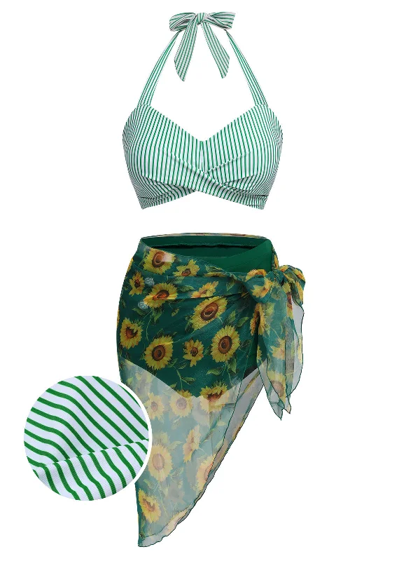 2PCS Green 1940s Stripes Swimsuit & Sunflower Cover-Up Swim Skirt Set