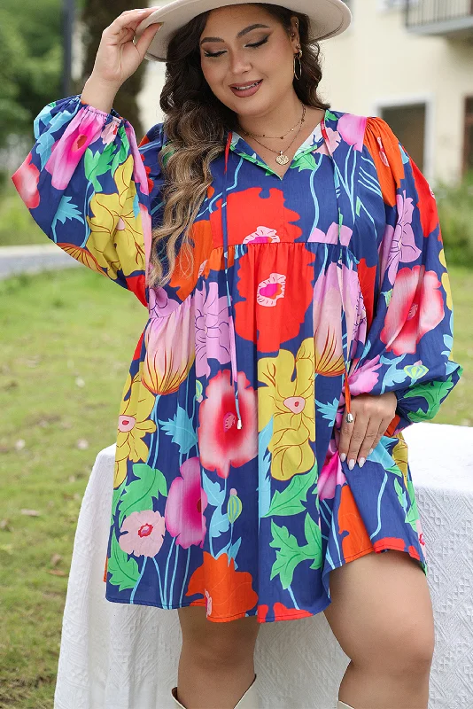 Floral V Neck Balloon Sleeve Babydoll Dress Boatneck Modish Everyday