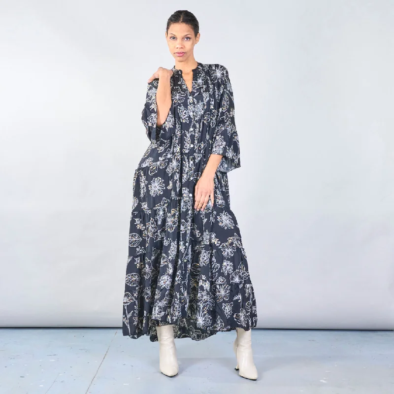 Black floral print dress with tiered hem wholesale Elegant Long Evening
