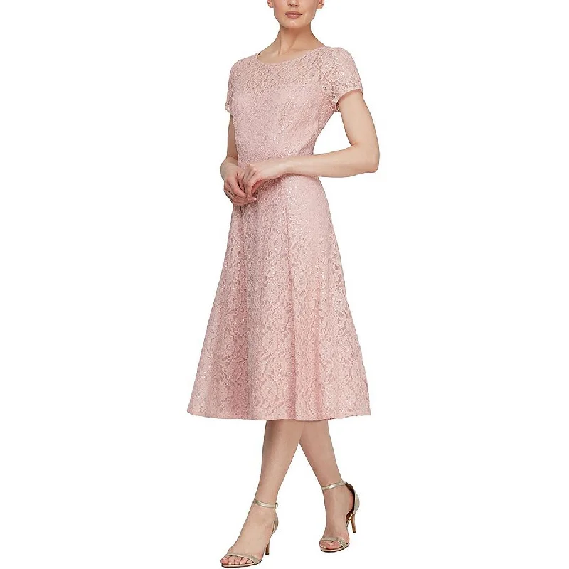 Petites Womens Midi Lace Fit & Flare Dress Tunic Top Casual