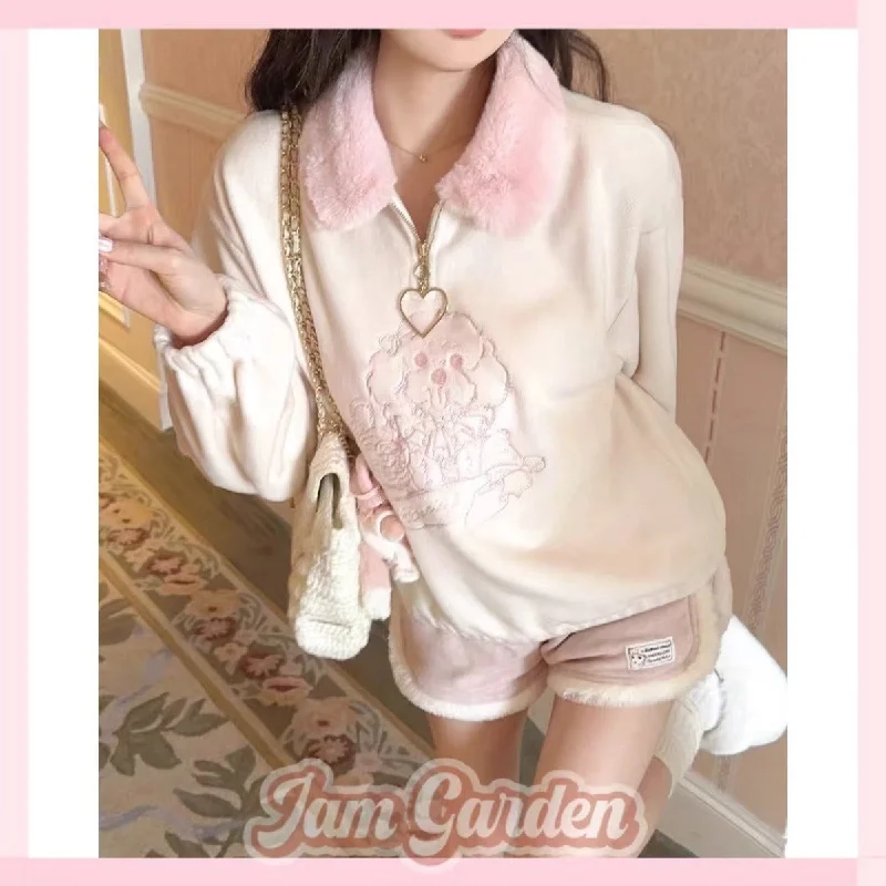 Cute Sweet Embroidered Patchwork Fur Collar Plush Sweatshirt Top Hoodie with Zipper Placket Modern Functional Cute Sweet Embroidered Patchwork Fur Collar Plush Sweatshirt Top Hoodie with Zipper Placket Modern Functional