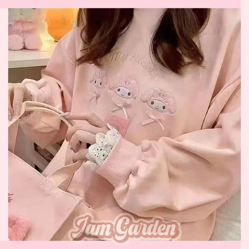Sanrio Lace Fake Two-piece Long-Sleeved Sweatshirt Top Hoodie with Full-Zip Functional Layering Sanrio Lace Fake Two-piece Long-Sleeved Sweatshirt Top Hoodie with Full-Zip Functional Layering