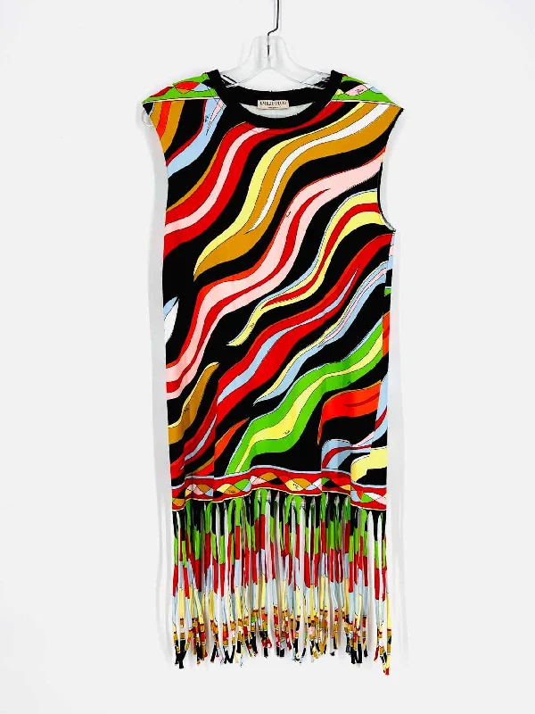 Emilio Pucci Size S Black/Multi Print Fringe Designer Dress Tunics Solid Classic
