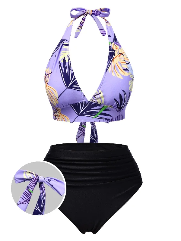 Purple 1960s Tropical Plants Lace-Up Halter Swimsuit Classic Sporty Swimsuit