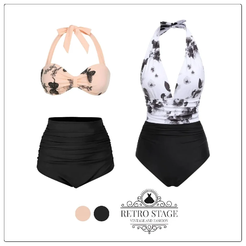 Black 1950s Halter Butterfly Swimsuit Lace-Detail Bikini Set