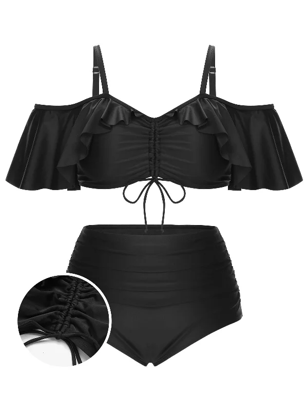 [Plus Size] Black 1950s Strap Dolman Sleeve Swimsuit Tie-Back Swimwear