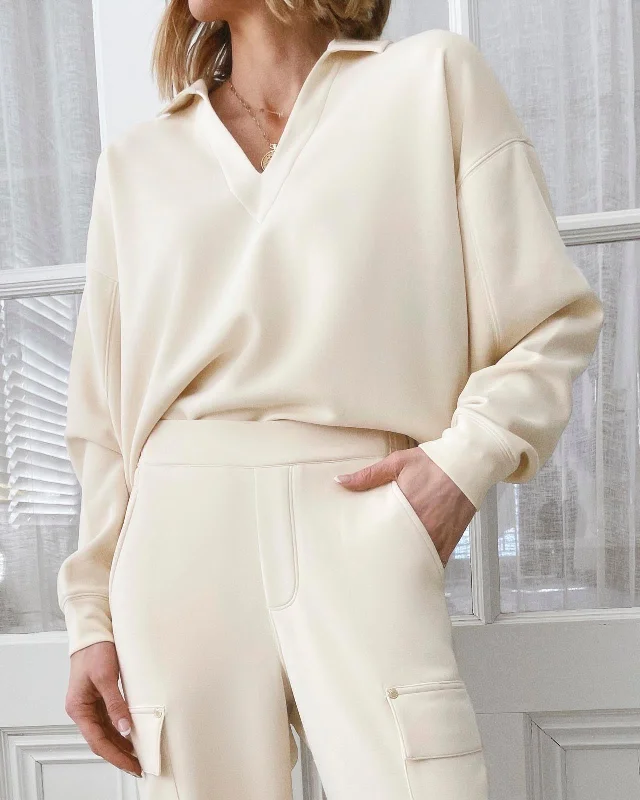 Splendid x @Cellajaneblog Scuba Polo Sweatshirt Hoodie with Frayed Bohemian Relaxed