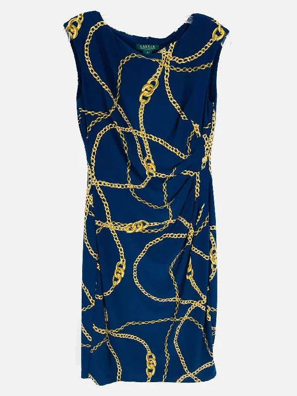 Lauren Ralph Lauren Size 6 Navy/Gold Chain Pintucked Dresses Dress Tunics Denim casual