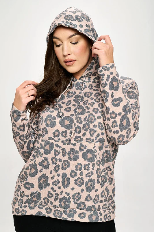 Plus Size Washed Leopard Print Pocket Hoodie Hoodie with Rolled Sleeves Casual Relaxed