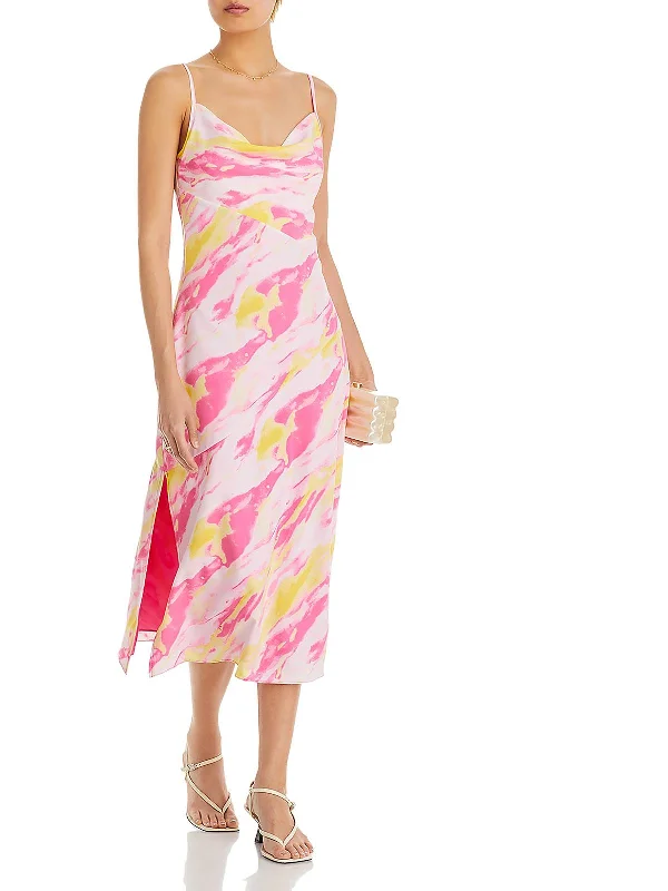 Womens Tie-Dye Satin Slip Dress Pencil Office Professional