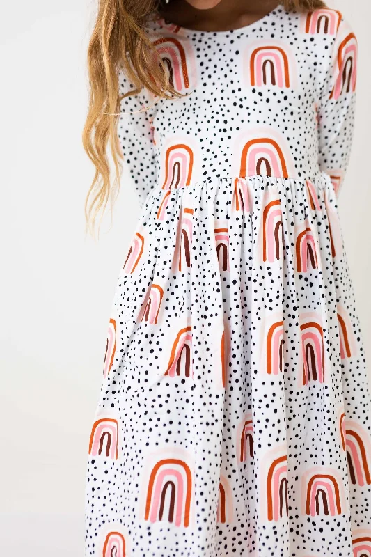 Peach Rainbow 3/4 Sleeve Pocket Twirl Dress Tunics New arrival