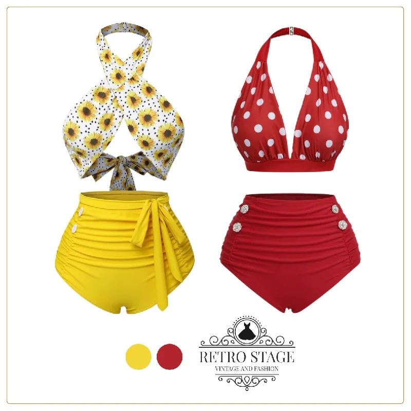Yellow 1950s Sunflower Cross Halter Swimsuit V-Neck Swim Dress
