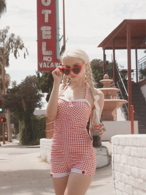Gingham 1950s Halter Bowknot One-piece Swimsuit Elegant Ruffle Swimsuit