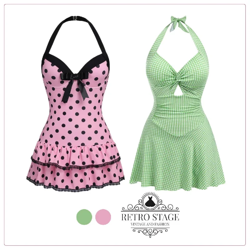 Pink 1940s Halter Polka Dots Bow One-Piece Swimsuit Strap Bikini Set