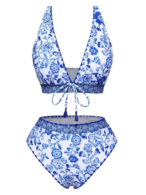 Blue 1970s Floral High-Waist Swimsuit Stylish Beachwear Set