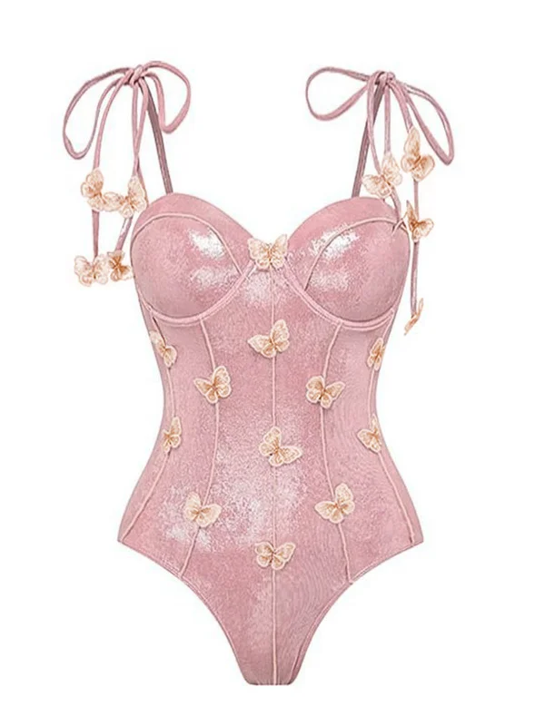 Pink 1950s Shimmery 3D Butterflies One-Piece Swimsuit Elegant Ruffle Swimsuit