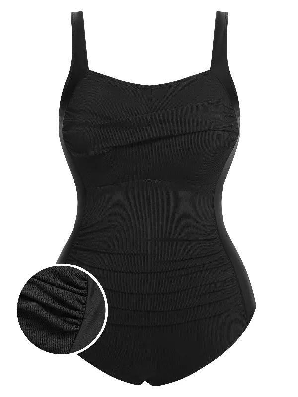 [Plus Size] Black 1960s Pleated Solid Swimsuit Floral Print Swimsuit