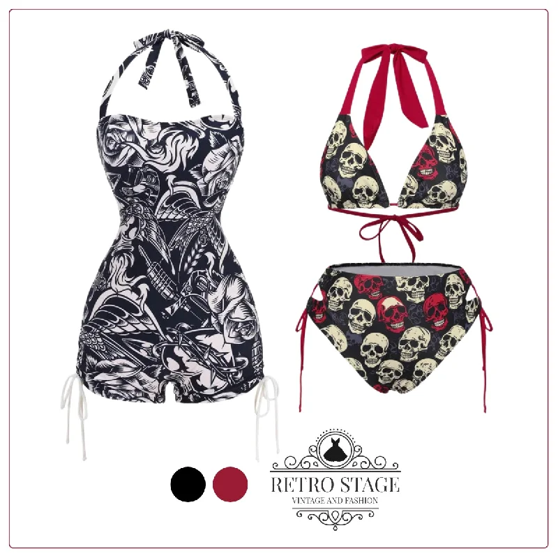Multicolor 1950s Skull Halter Swimsuit Sporty Racerback Swimsuit