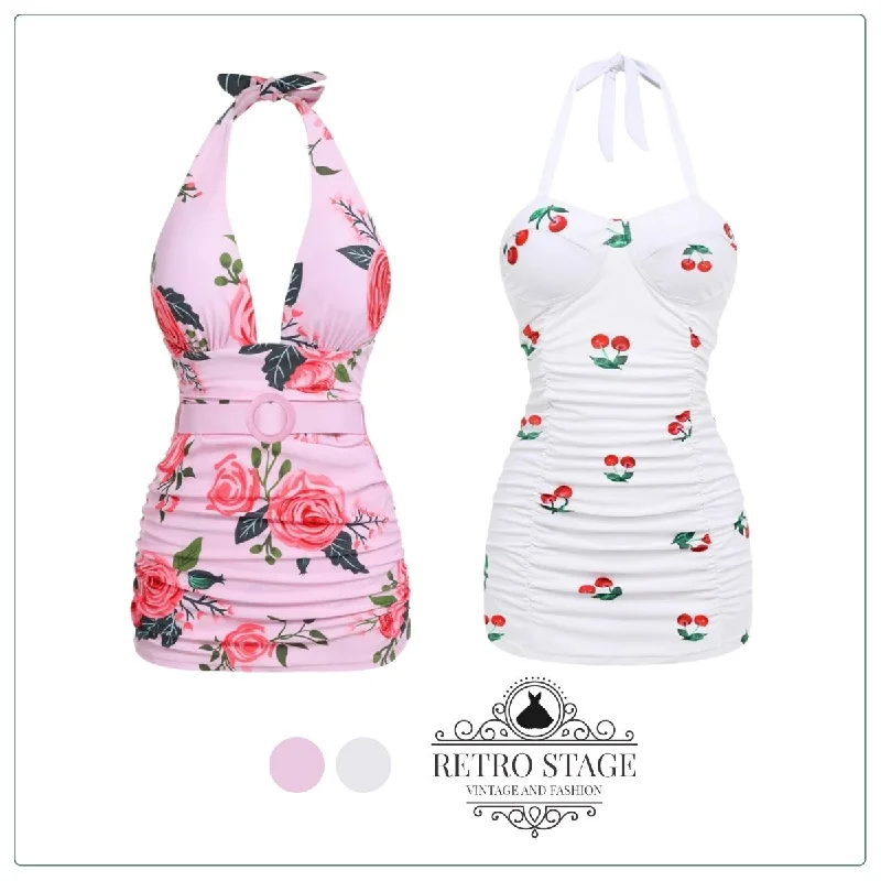 Pink 1930s Roses Halter Belt Swimsuit Bold Swimsuit Design