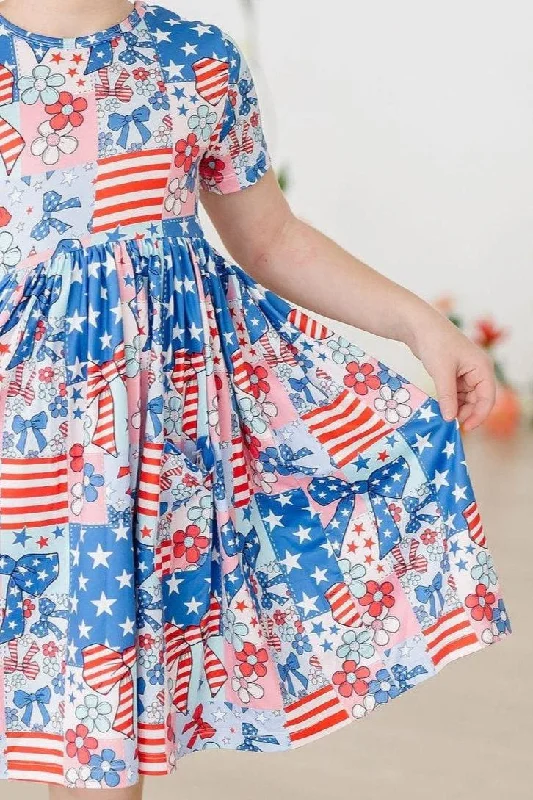 Patriotic Patchwork S/S Pocket Twirl Dress Tunics Corduroy durable