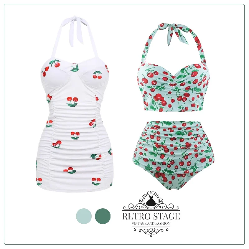 Retro 1950s Cherry Summer One-piece Swimsuit Tie-Back Swimwear