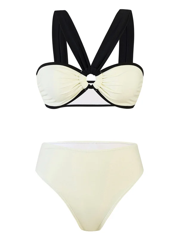 White 1950s Colorblock Wide-Straps Swimsuit Lace Back Bikini