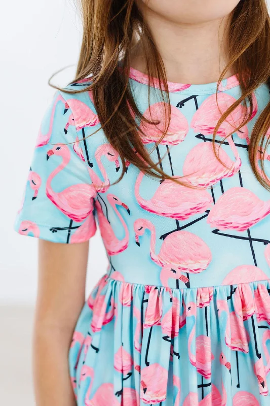 Pretty in Pink Flamingos S/S Pocket Twirl Dress sweetheart Neckline Romantic