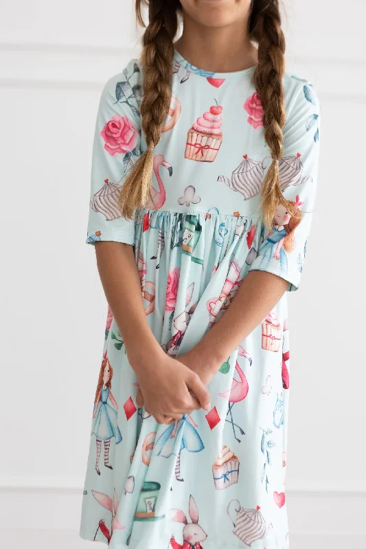 Wonderland 3/4 Sleeve Pocket Twirl Dress Floral Print girly