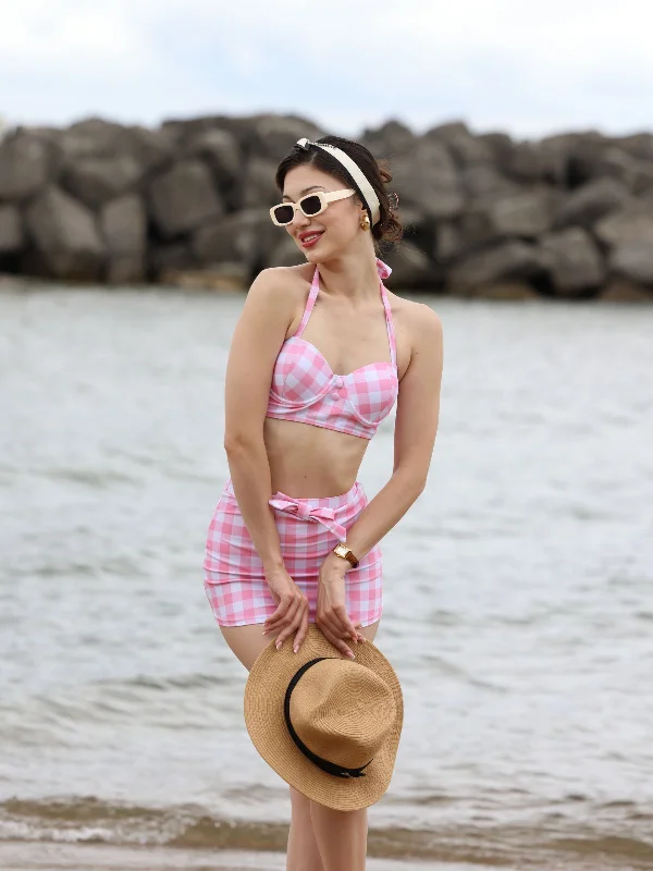 Pink 1950s Halter Plaids Bow Swimsuit Summer Ready Swimsuit