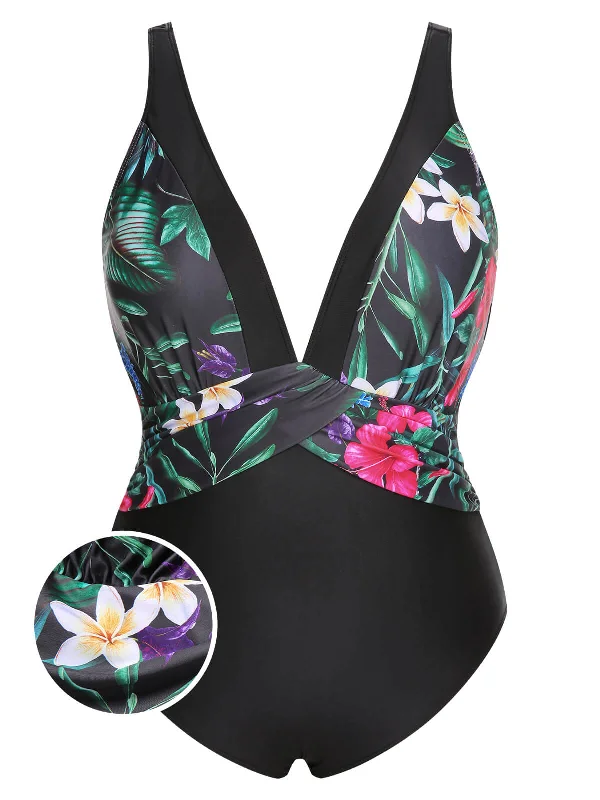 [Plus Size] Multicolor 1960s V-Neck U-Back Swimsuit Strap Bikini Set