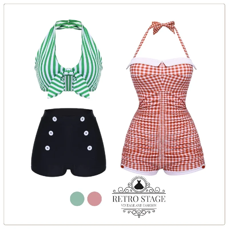 Gingham 1950s Halter Bowknot One-piece Swimsuit Timeless Black Bikini