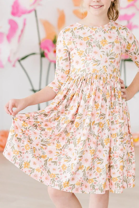 Pretty Peachy 3/4 Sleeve Pocket Twirl Dress Crew Neckline Sporty