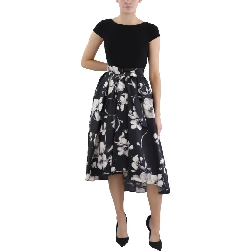 Petites Womens Hi-Low Floral Print Fit & Flare Dress Crew Neckline Casual