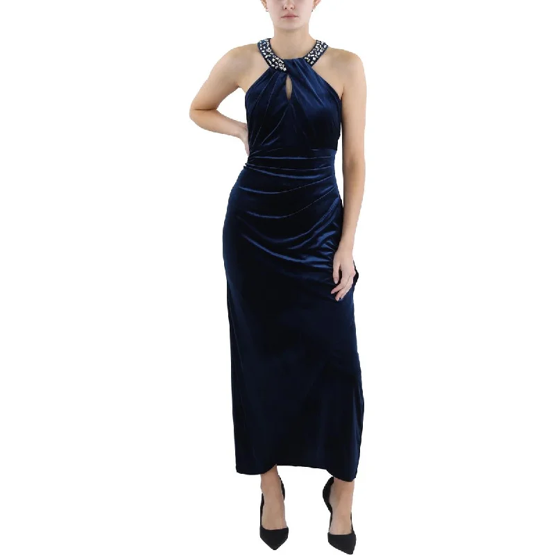 Petites Womens Velvet Full Length Halter Dress Boat Neckline Classic