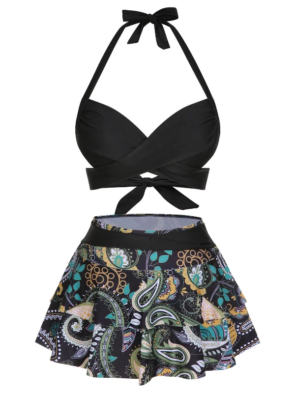 1950s Color Block Floral Halter Swimsuit Beach Ready Swimsuit