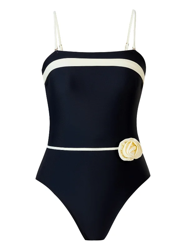 Black 1940s Contrast 3D Rose Belted Swimsuit Shiny One-Piece Swimsuit