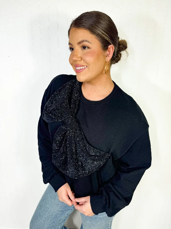 QOS - Black Rhinestone Bow Sweatshirt Hoodie with Fur Luxurious Winter
