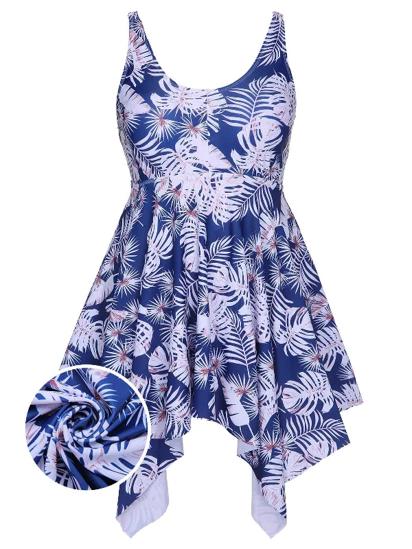 [Plus Size] Blue 1950s Leaves Spaghetti Strap Swimsuit Sporty Racerback Swimsuit