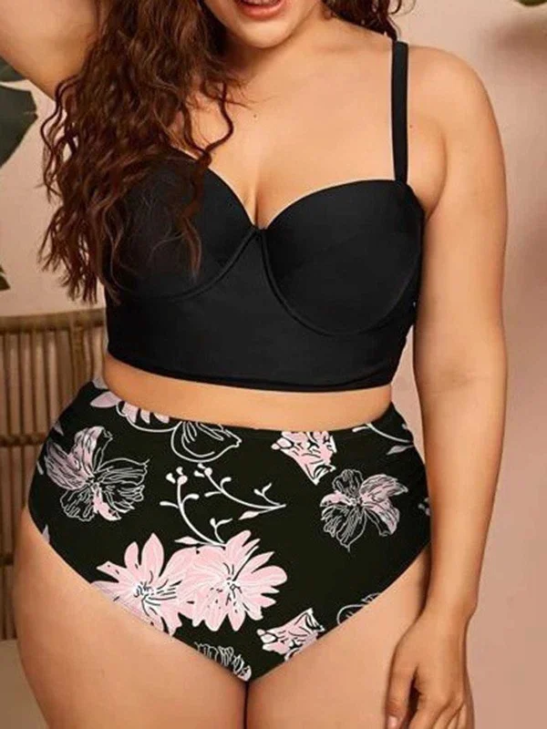 [Plus Size] 1950s Spaghetti Strap Floral Swimsuit Bold High-Cut Bikini