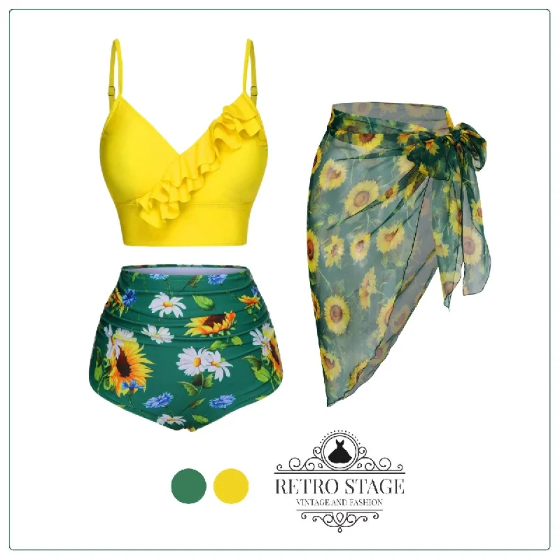 2PCS Yellow 1950s Sunflower Ruffles V-Neck Swimsuit Modern High-Waisted Swimsuit
