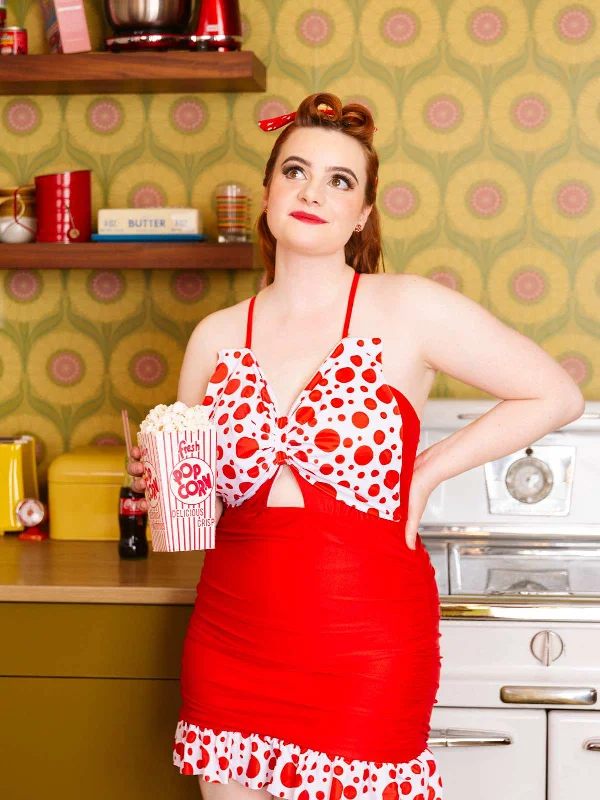 1930s Polka Dot Bowknot Patchwork Swimsuit Classic One-Piece