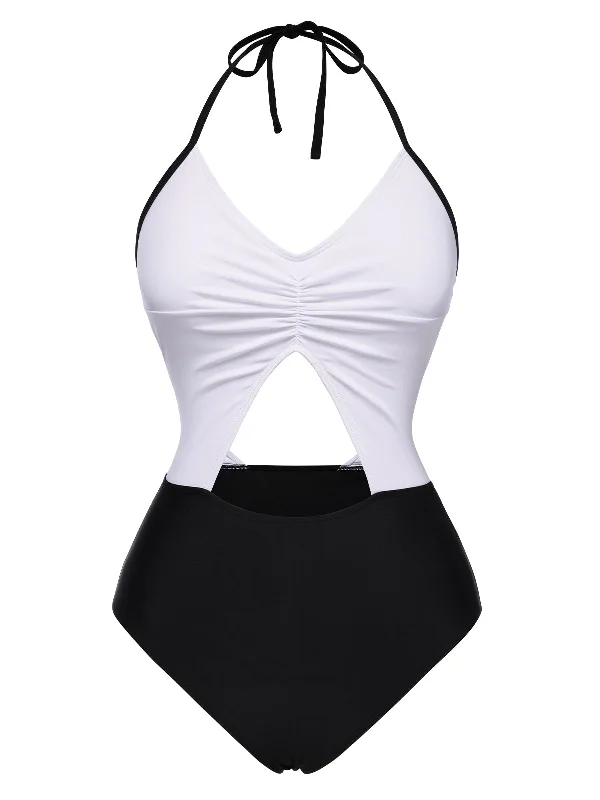 White 1960s Halter Front Cutout One-Piece Swimsuit High-Waist Bikini Set