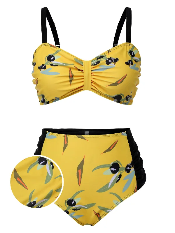[Plus Size] Yellow 1930s Contrast Floral Strap Swimsuit Plunge Neckline Swimsuit